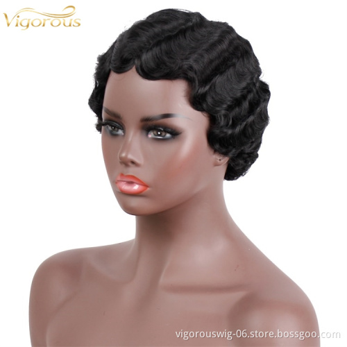 Vigorous Short Finger Wave Cheap Wigs For Women Hair Pixie Cut Machine Made  Synthetic  Wigs No Lace Front